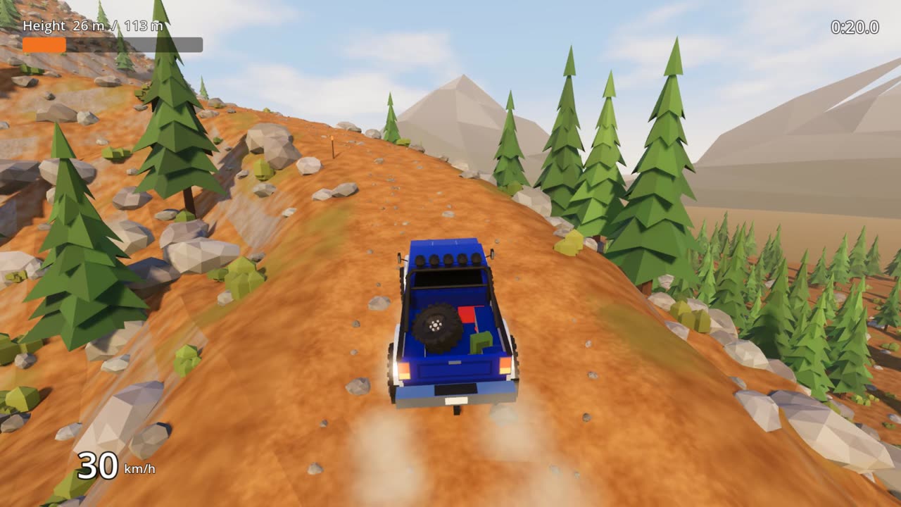 Opus 5.5’s Summit Trail: a blue pickup climbs an orange dirt switchback between pines and grey boulders at 30 km/h.
