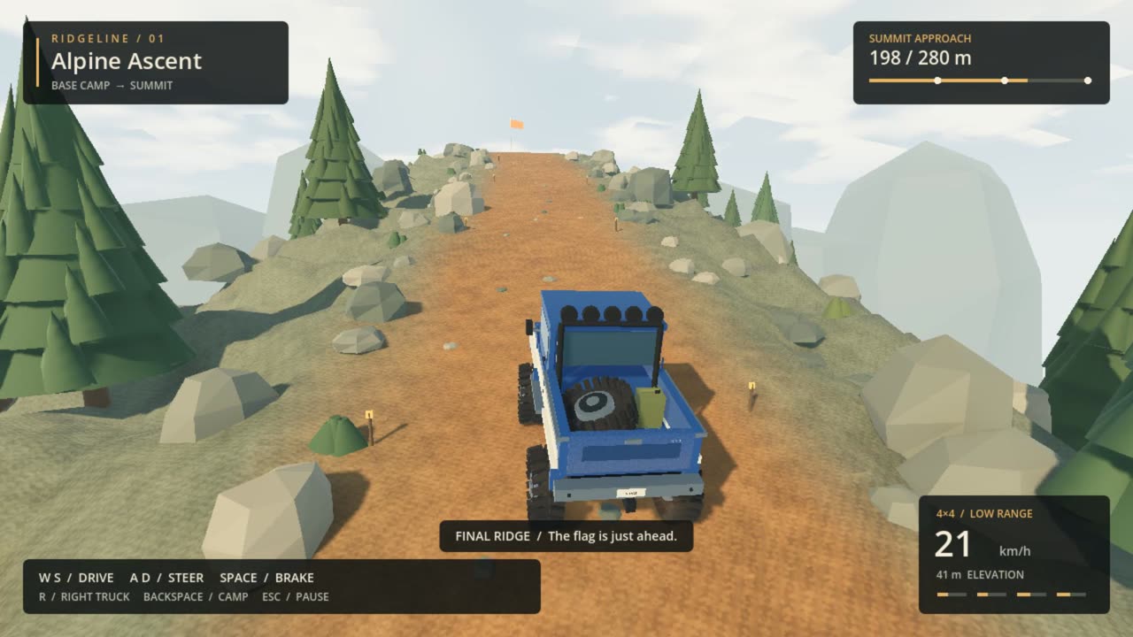A 3D hill climb built in Flockbay: a blue pickup on an orange dirt ridge between low-poly pines and boulders, the summit flag just ahead.