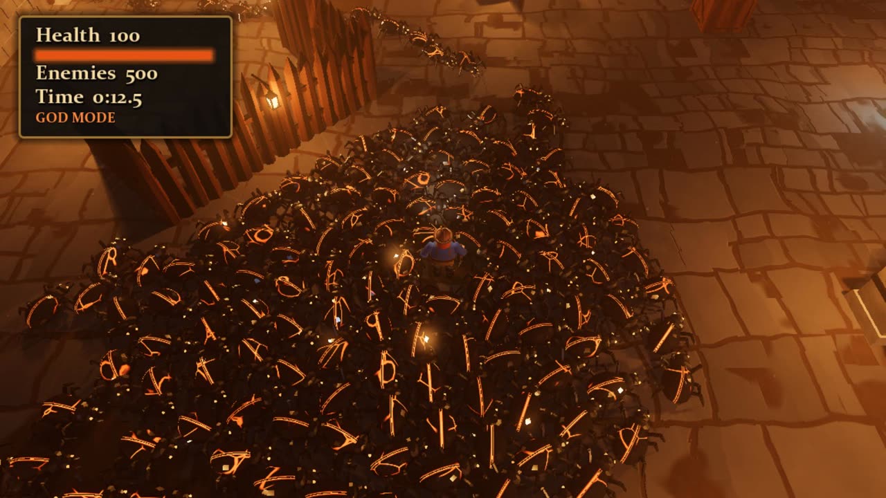 A dwarf miner with a lit helmet lamp stands in a packed swarm of glossy black beetles with glowing orange cracks, beside a palisade and a lantern.