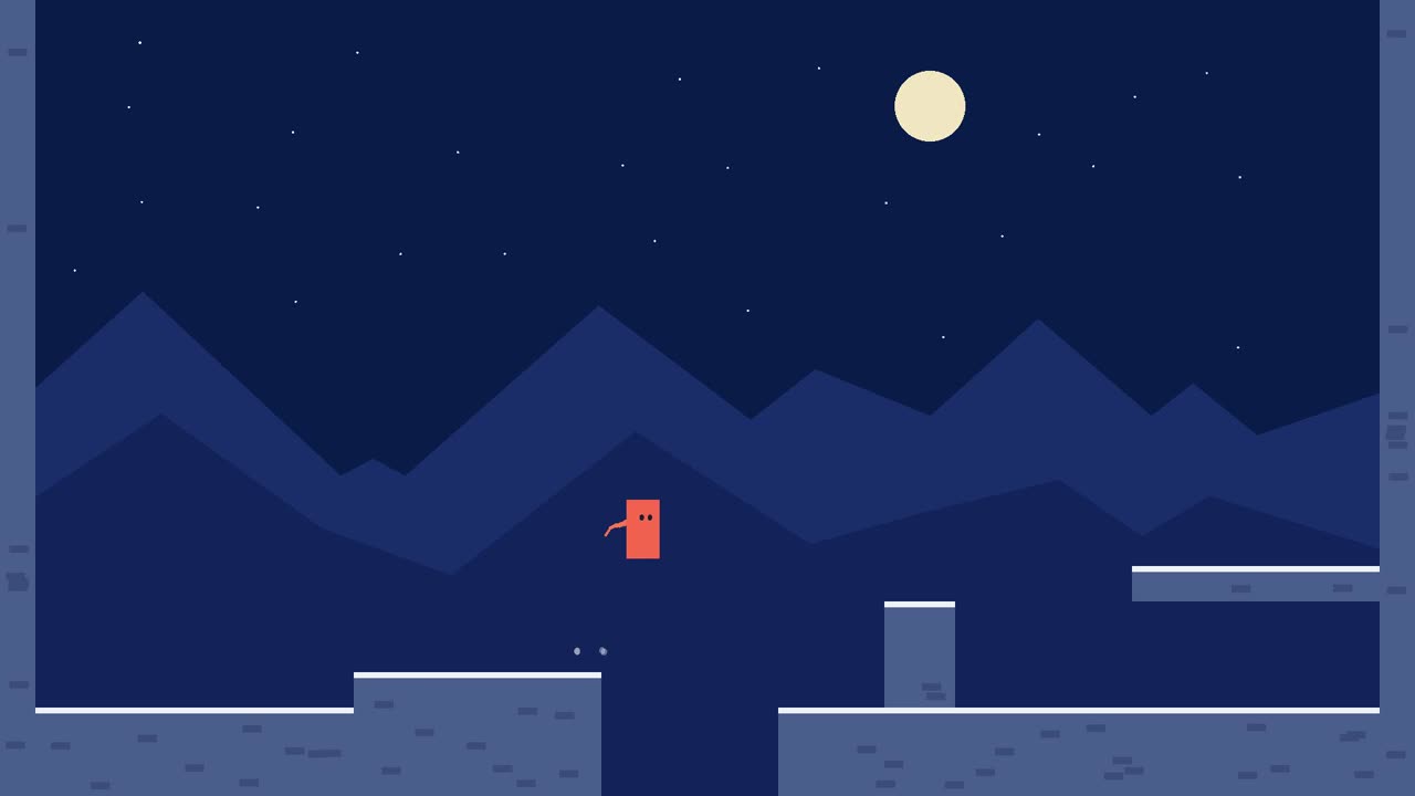 A 2D platformer built in Flockbay: the coral player with a trailing scarf in mid-jump over a gap, between a ledge and a raised platform, under a night sky with a pale moon and two layers of mountains.