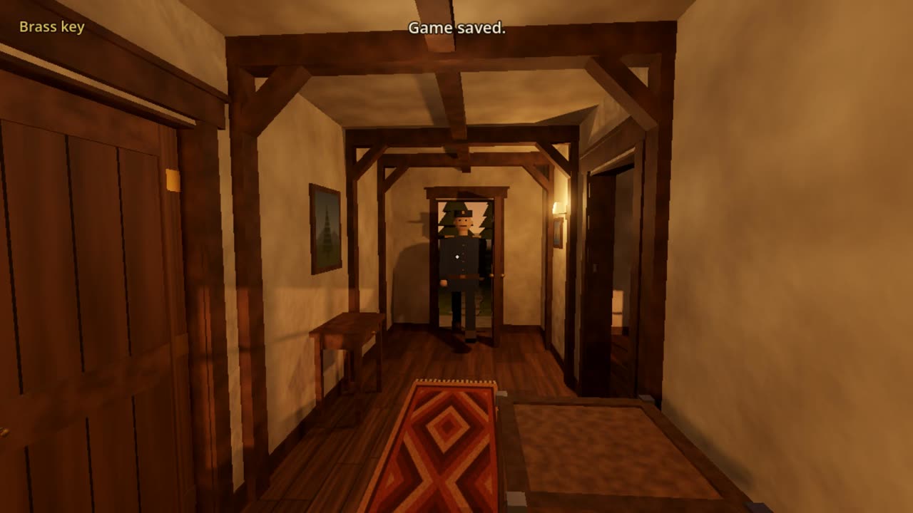 Claude Opus 5.5’s game just after a save: a first-person view down a wooden hallway, the guard in the front doorway at the far end, and the line Game saved. at the top.