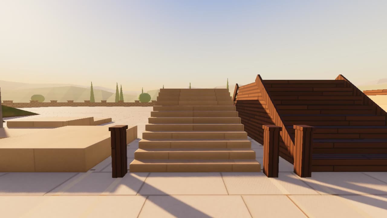 A sunlit test course in first person, at the foot of a flight of sandstone steps between dark timber posts, with a steeper timber flight to the right.