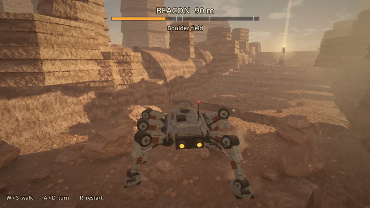Sonnet 5.5’s second pass: a weathered metal walker in a dusty sandstone canyon, the beacon 90 metres ahead.