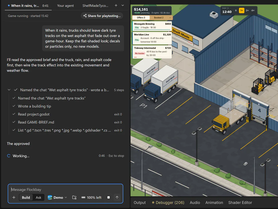 The Flockbay chat beside the running game, mid-turn. The request asks for dark tyre tracks on wet asphalt that fade out over a game-hour, using decals or particles and no new models. The reply says it will read the brief and the truck, rain and asphalt code first; five finished steps are ticked, from naming the chat to listing the project’s files, the next line of the reply is coming in, and it is still working at 0:46 on the free Demo model. To the right, Shelf-Made Tycoon at 12:40 on day 3, with a yellow truck backed up to dock 3 and forklifts by the racks.