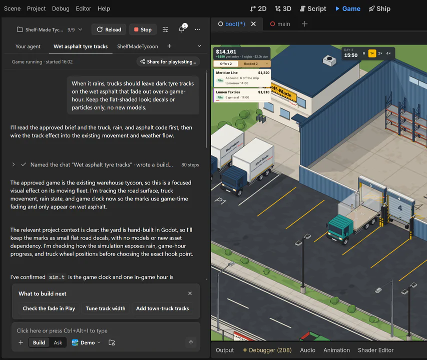 The Flockbay editor. On the left, the chat: a request for dark tyre tracks on wet asphalt that fade out over a game-hour, using decals or particles and no new models; the reply that it will read the brief and the truck, rain and asphalt code first; a group of 80 finished steps; and What to build next suggestions above the message box, on the free Demo model. On the right, the Game screen: Shelf-Made Tycoon, an isometric warehouse yard on day 3, with a teal truck backed up to dock 3 and box trucks parked by the office.