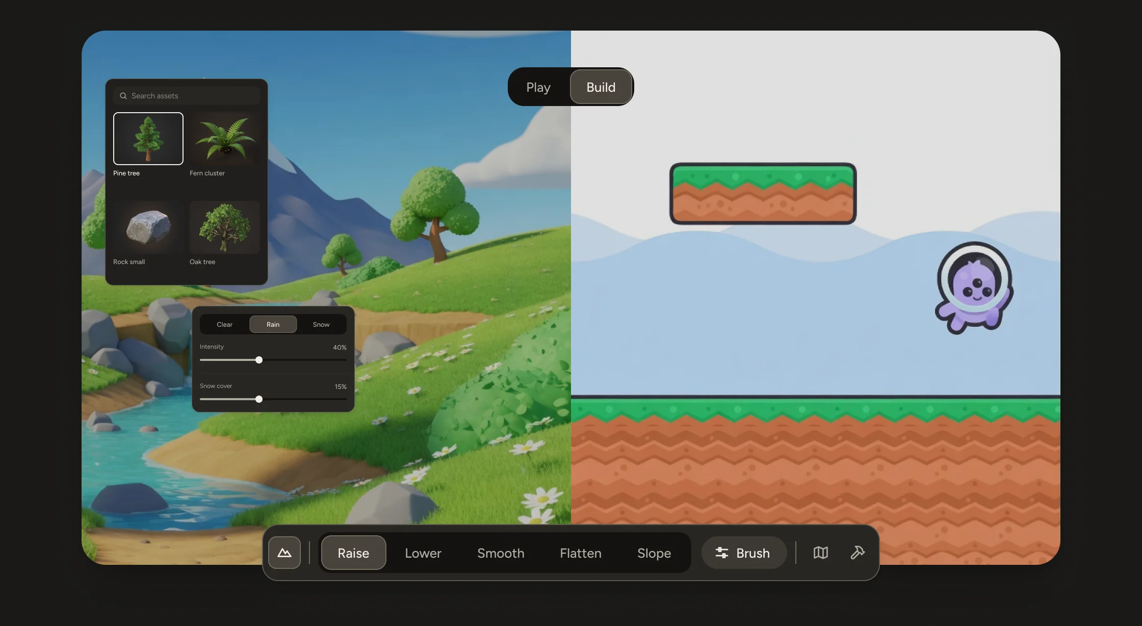 The builder in Build mode, split between a 3D valley with a stream on the left and a 2D platformer on the right, with the library and weather panels and the terrain toolbar